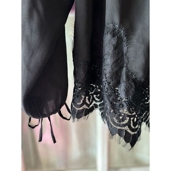 Wrangler Women’s Small Retro Black Frayed Lace Long Tie Sleeve Western Blouse - Picture 2 of 12